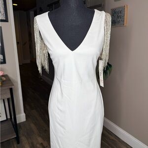 Badgley Mischka White Backless Dress with Crystal Fringe
